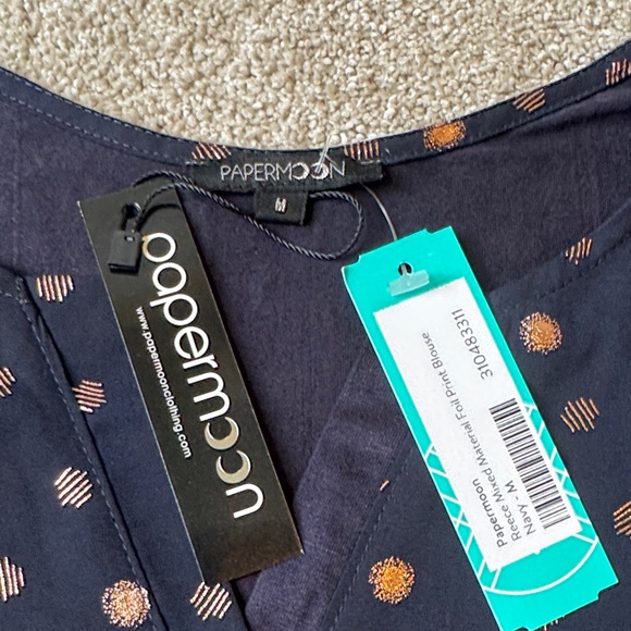 PaperMoon Mixed Material Foil Print Blouse Navy Rose Gold Polka Dot Women Medium - Picture 2 of 12